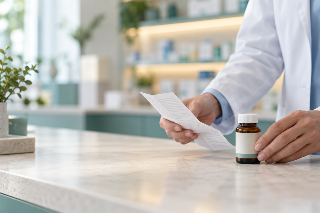 Apoteker memeriksa leaflet informasi obat di meja konsultasi